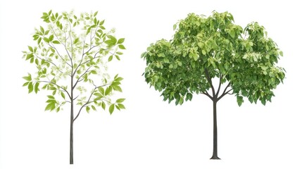 Two young trees, spring and summer, isolated, white background, landscaping design