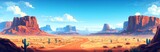 A game's southwestern landscape is beautifully represented in this wild west desert scene, which boasts panoramic views of rock mountains, green cacti, and a meandering dirt path that crosses the