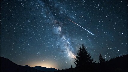 Wall Mural - A brilliant blue-white meteor streaks across a dark night sky filled with stars, illuminating the silhouette of a distant forest horizon, a dramatic celestial event.
