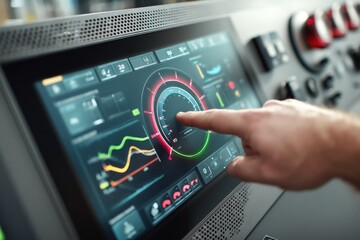 Close-up of a touch screen display with vibrant graphs and data being operated by a person's finger, showing modern technology and interface design.
