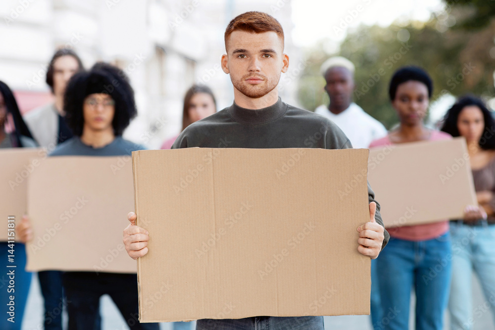 International group of young people strikers with blank placards for ...