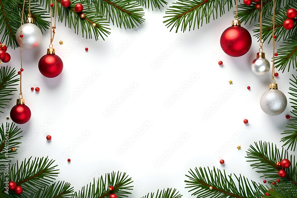 Christmas border with fir branches and ornaments on white background ...