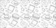 © Rahed Ul Islam - Food delivery doodle pattern vector with takeaway boxes burgers and drinks for restaurant menu background concepts