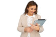 © PeopleVideos - Businesswoman smiling and using digital tablet, isolated on transparent background