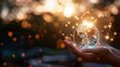 © Molly P - Hand holding digital representation of Earth with glowing connections. Close up of business man hands holding glowing globe with networking people. Technology and global communication concept. AIG53.