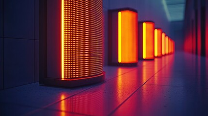 Glowing servers line a blue-tinged, sleek corridor