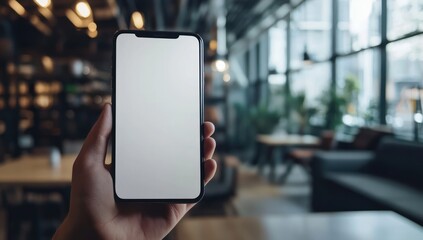 hand holding blank screen mobile device in modern workspace presenting application interface for business or communication purposes