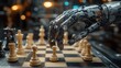 © rak - futuristic chess match a polished metallic robot hand poised over a pawn on a checkered board game of strategy technology and intellect