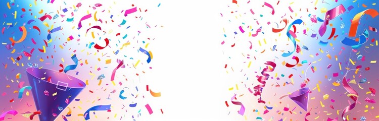Colorful celebration with confetti and party poppers exploding in vibrant shades of blue, red, yellow, and pink on a bright background conveying joy and festivity