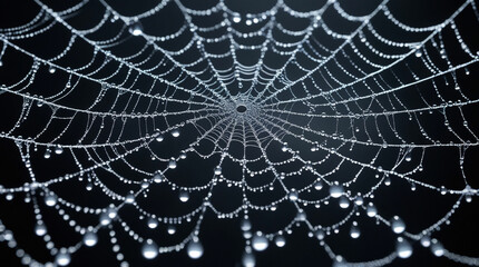 Intricate spiderweb glistening with tiny water droplets against a stark black background, highlighting its delicate and symmetrical structure.