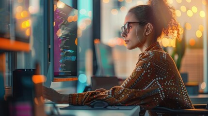 person working on computer with colorful code displayed on screen in a dimly lit modern office with bokeh lights in background