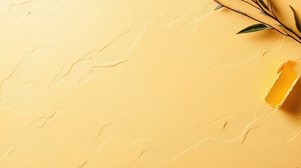 Wall Mural - Light yellow background with a piece of yellow paper and plant branch