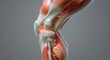 © Margarita - Detailed close-up view of human knee joint showing bones, ligaments, muscles, tendons, and connective tissues in a medically accurate anatomical illustration with soft lighting and neutral background