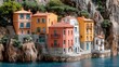 © oni - Colorful houses nestled on a cliffside overlooking a body of water, idyllic village scene. Possible use Stock photo for travel brochures, real estate marketing, or desktop wallpaper