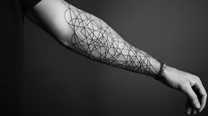 Wall Mural - A man's arm has a tattoo of a complex design of lines and shapes