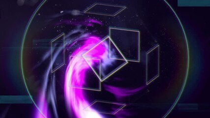 Wall Mural - neon geometric structure being animated in flat design, showcasing swirling purple pink nebula