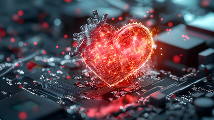 Wall Mural - a heart-shaped circuit pulses with digital energy suggesting technological innovation. ideal for med