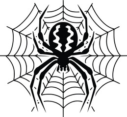 black and white bold vector of a spider weaving web, isolated on white background.