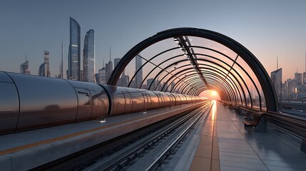 Wall Mural - futuristic hyperloop train at sunrise with cityscape.