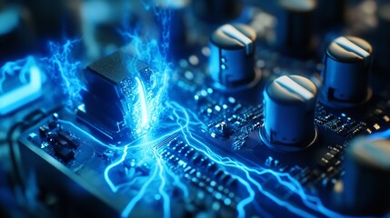 Abstract Blue Energy Circuit Board Technology Digital Art Powerful Lightning Electric HighTech Modern Background        