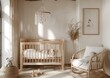 © Tatyana - Cozy minimalist baby nursery with wooden crib, cushioned chair, soft toys, woven pouf, neutral tones, natural light, dried plants, and simple framed artwork