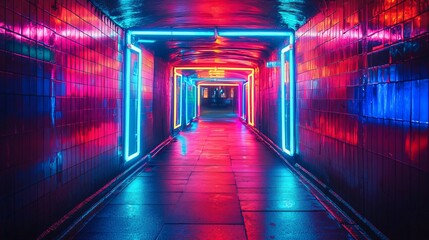 Wall Mural - long corridor bathed in striking neon lights creating an enigmatic and abstract feel inviting explor