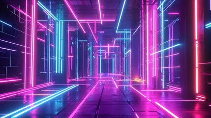 Wall Mural - futuristic hallway illuminated with vibrant neon lights creating an abstract and surreal atmosphere 