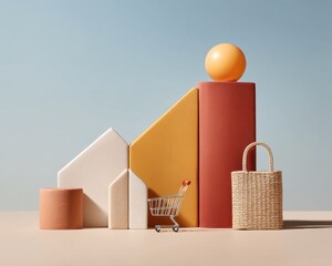 Poster - Minimalist Economic Landscape Geometric Financial Crisis Visualization with Sculptural Miniatures - Inflation Impact and Consumer Stress Design Narrative