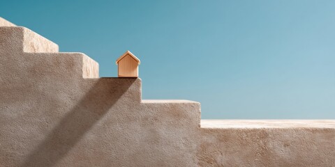Aufkleber - Minimalist Real Estate Aspiration Architectural Wooden House Model on Textured Steps, Symbolizing Future Growth, Investment, and Sustainable Urban Design Trends