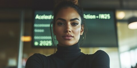 Poster - Empowered Leadership Visuals Sleek Professional Woman in Monochrome Corporate Environment - Inclusive Tech-Forward Business Narrative for 2025 Workplace Transformation