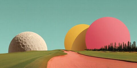 Aufkleber - Surreal Golf Landscape Minimalist Exploring Geometric Design, Modern Course Architecture and Contemporary Sports Visualization in Retro-Futuristic Style