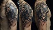© Atthapon - A man's arm has a tattoo of a wolf on it