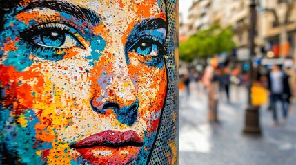 Wall Mural - an artistic representation of a woman's face on a pole capturing the edgy urban art style with brigh