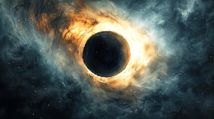 Wall Mural - a mysterious black hole at the center of a colorful nebula with light bending around it creating a c
