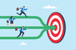 © VZ_Art - Flat illustration of business team running on different paths merging into one arrow toward target to align goals and achieve success
