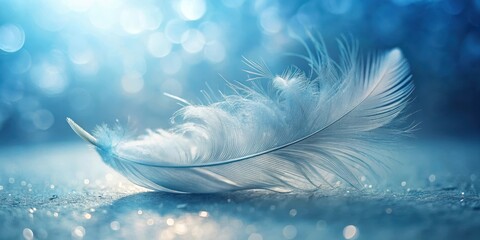 Wall Mural - A Delicate Single White Feather Resting Gently on a Sparkling Blue Surface, Illuminated by a Soft, Dreamlike Light
