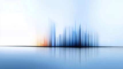 Aufkleber - 青い都市のシルエットが水面に反射する抽象的なデザイン 白い背景に青とオレンジの光が美しい