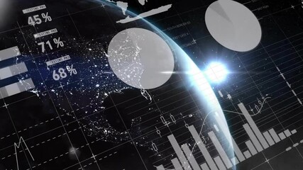Wall Mural - earth globe orbiting in space, showing data overlays, grid lines, glowing chart highlights