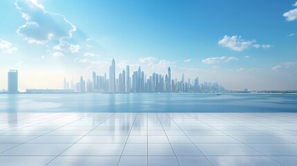 Fototapete - 青い空と海に映える都市のスカイライン パノラマビュー 太陽光と水面の反射 光と影が織りなす美しい景色