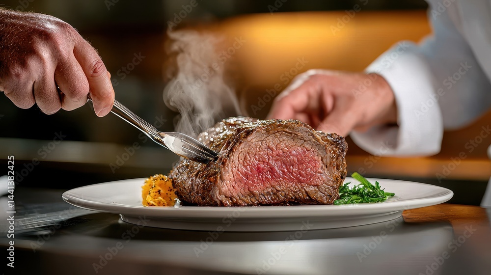 Prime rib plated elegantly on white ceramic dish showcasing perfect ...