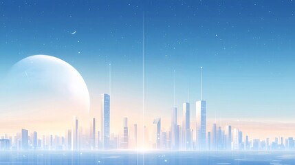 Aufkleber - 静寂な青い空の下に輝く未来都市のスカイラインの風景 夜空に星がきらめく水面の反射と光のグラデーション