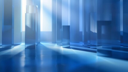 Fototapete - 青色の光が差し込む抽象的な幾何学模様の空間 未来的な3Dデザインが背景 光沢のある表面が反射し輝きを生み出す