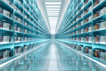 Aufkleber - 青い光の中の図書館のインテリア 広々とした空間に並ぶ書籍と本棚