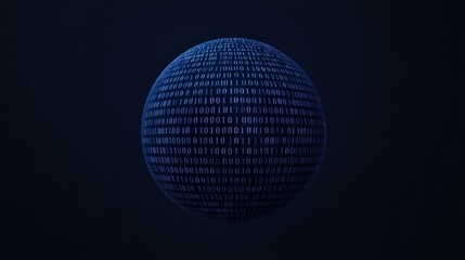 A dark sphere covered in glowing binary code floats against a black background, symbolizing digital technology and data.