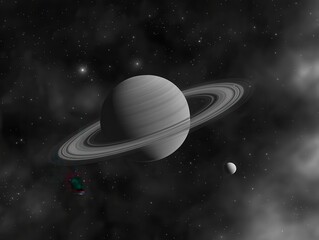 Wall Mural - saturn and its rings with a moon in a starfield background in black and white space art style, a cos