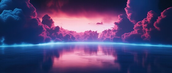 Wall Mural - ethereal seascape with vibrant pink clouds reflecting on calm water surface creating a serene and dr