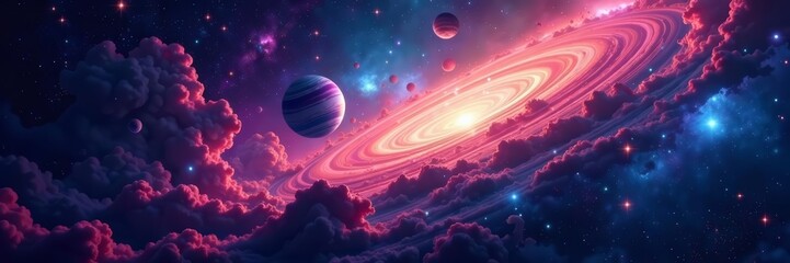 Wall Mural - A stunning cosmic landscape with swirling nebula, colorful planets, and twinkling stars in space, space, galaxy, cosmos