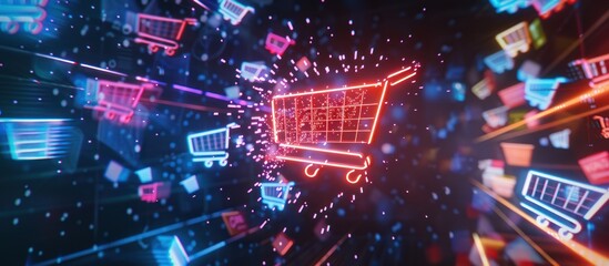 Wall Mural - glowing shopping cart icon surrounded by fast-moving carts.