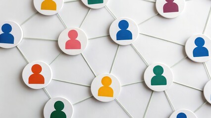 colorful icons of people connected by lines, representing a network or social connections on a white
