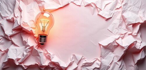 Wall Mural - Crumpled paper, bright light bulb, empty space ideal for business concept, creativity, inspiration